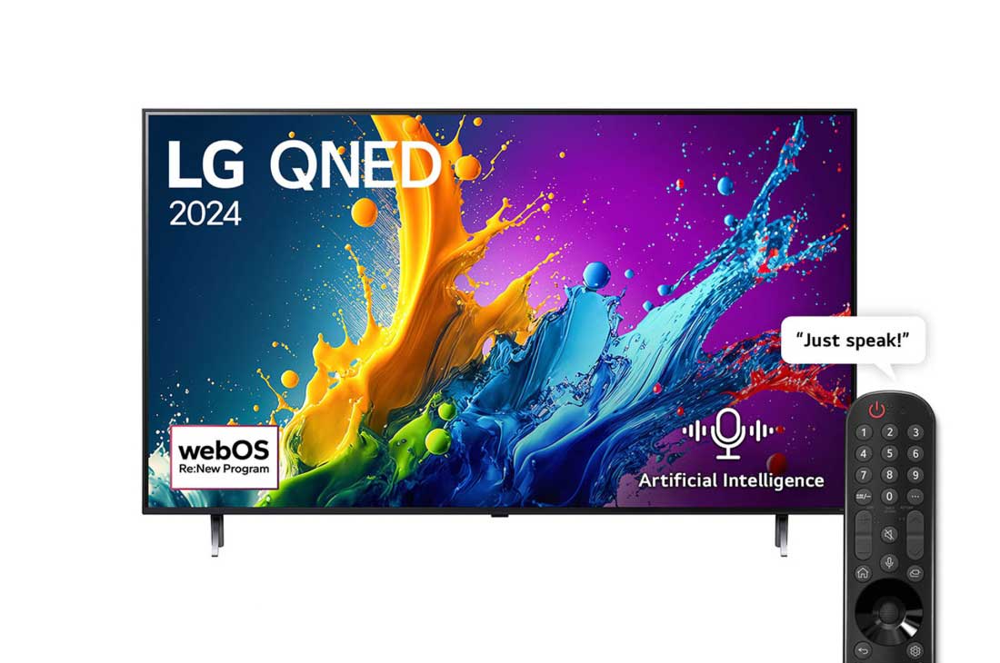 LG 65 Inch LG QNED QNED80 4K Smart TV AI Magic remote HDR10 webOS24 2024, Front view of LG QNED TV, QNED80 with text of LG QNED, 2024, and webOS Re:New Program logo on screen, 65QNED80T6B