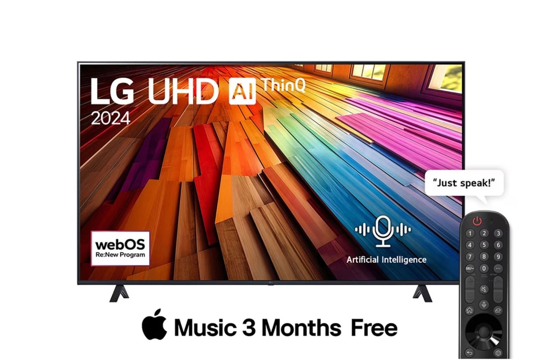 LG 70 Inch LG UHD UT80 4K Smart TV AI Magic remote HDR10 webOS24 2024, Front view of LG UHD TV, UT80 with text of LG UHD AI ThinQ, 2024, and webOS Re:New Program logo on screen, 70UT80006LA