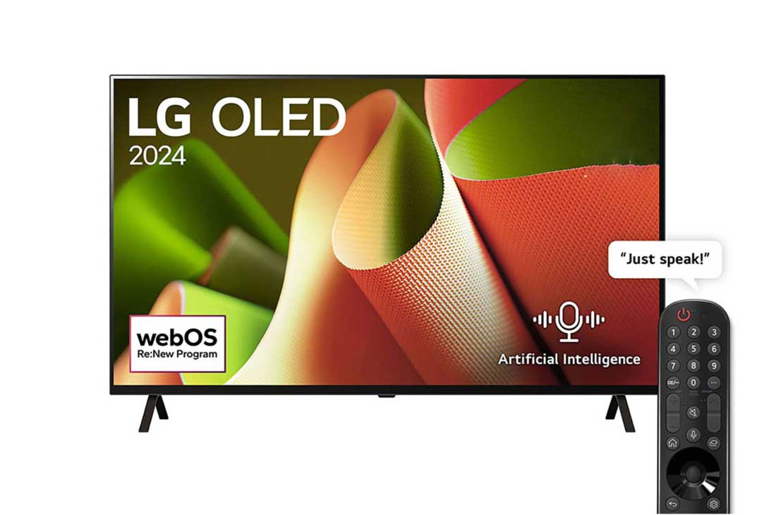 LG 77 Inch LG OLED evo B4 4K Smart TV AI Magic remote Dolby Vision webOS24 2024, Front view with LG OLED TV, OLED B4, 11 Years of world number 1 OLED Emblem and webOS Re:New Program logo on screen with 2-pole stand, OLED77B46LA