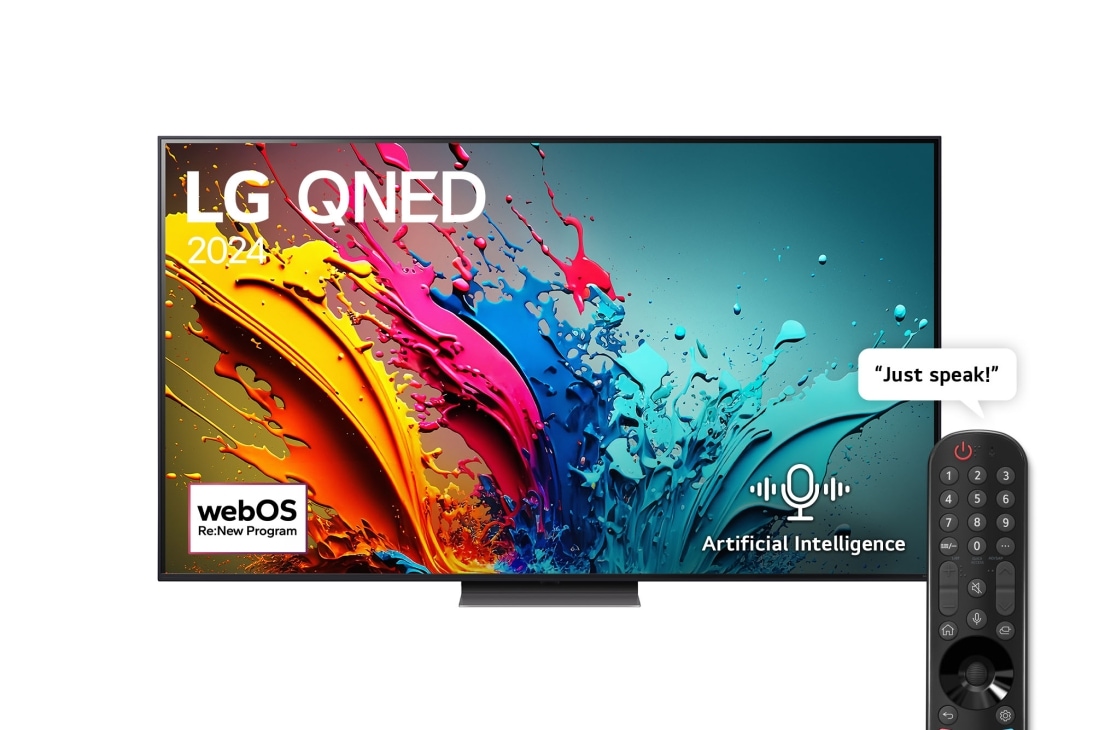 LG 86 Inch LG QNED QNED86 4K Smart TV AI Magic remote HDR10 webOS24 2024, Front view of LG QNED TV, QNED86 with text of LG QNED, 2024, and webOS Re:New Program logo on screen, 86QNED86T6A