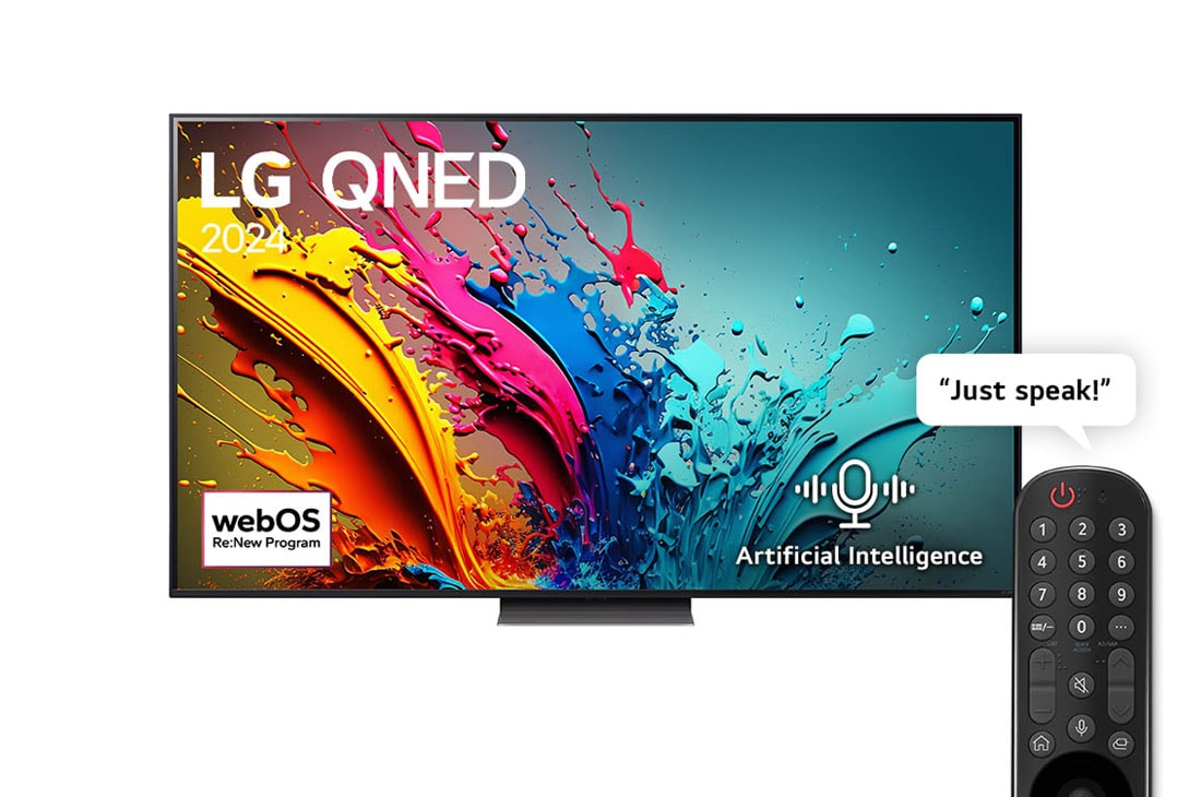 LG 55 Inch LG QNED QNED86 4K Smart TV AI Magic remote HDR10 webOS24 2024, Front view of LG QNED TV, QNED86 with text of LG QNED, 2024, and webOS Re:New Program logo on screen, 55QNED86T6A