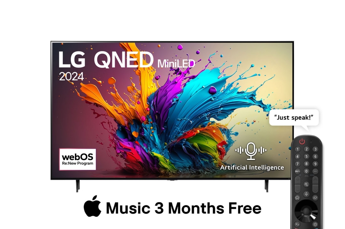 LG 75 Inch LG QNED MiniLED QNED90 4K Smart TV AI Magic remote HDR10 webOS24 2024, Front view of LG QNED TV, QNED90 with text of LG QNED MiniLED, 2024, and webOS Re:New Program logo on screen, 75QNED90T6A