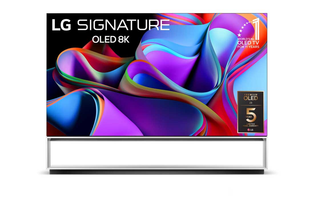 LG SIGNATURE OLED 8K Z3 88 inch Smart TV 2023, Front view with LG OLED 8K evo, 10 Years World No.1 OLED Emblem, and 5-Year Panel Warranty logo on screen., OLED88Z36LA