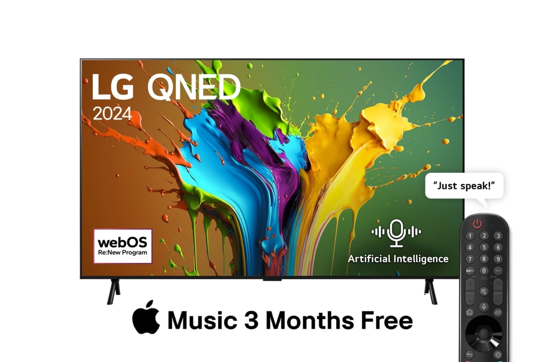 LG 98 Inch LG QNED QNED89 4K Smart TV AI Magic remote HDR10 webOS24 2024, Front view of LG QNED TV, QNED89 with text of LG QNED, 2024, and webOS Re:New Program logo on screen, 98QNED89T6A
