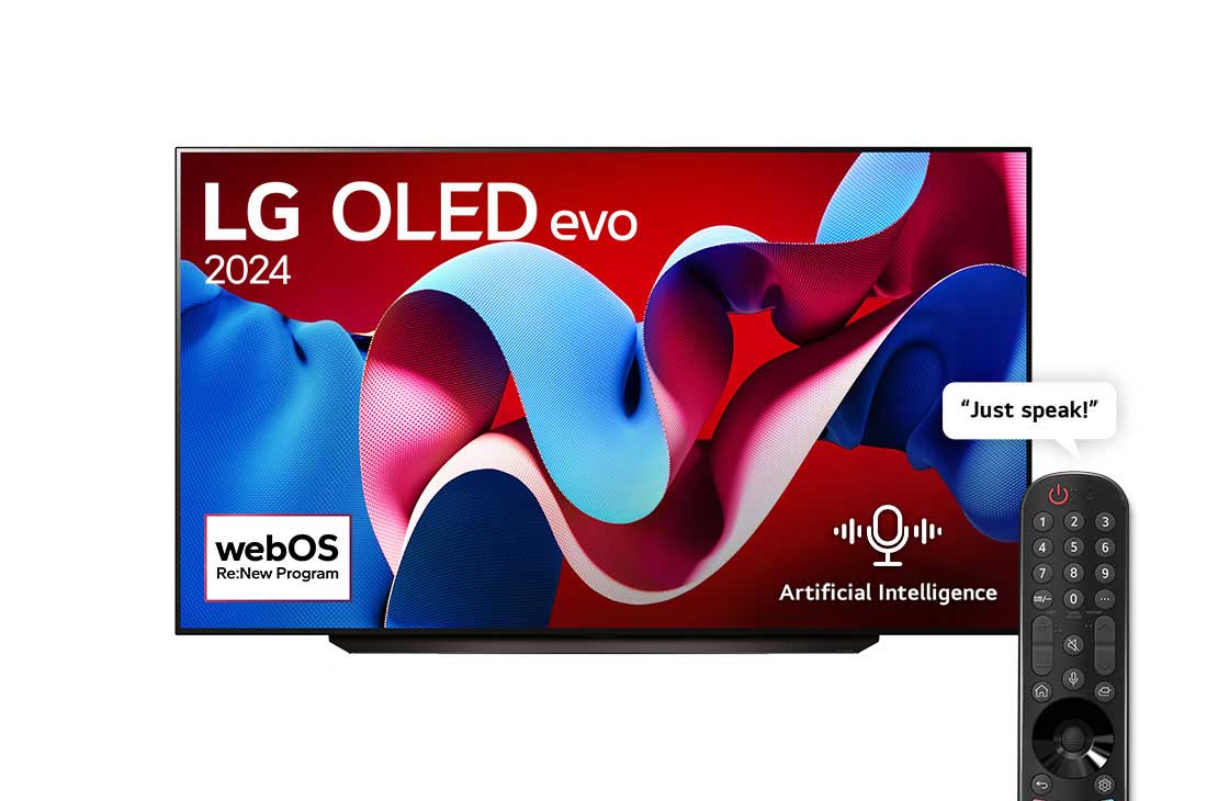 LG 83 Inch LG OLED evo C4 4K Smart TV AI Magic remote Dolby Vision webOS24 2024, Front view with LG OLED evo TV, OLED C4, 11 Years of world number 1 OLED Emblem and webOS Re:New Program logo on screen, OLED83C46LA