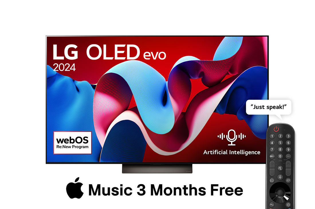 LG 65 Inch LG OLED evo C4 4K Smart TV AI Magic remote Dolby Vision webOS24 2024, Front view with LG OLED evo TV, OLED C4, 11 Years of world number 1 OLED Emblem logo and webOS Re:New Program logo on screen, as well as the Soundbar below, OLED65C46LA