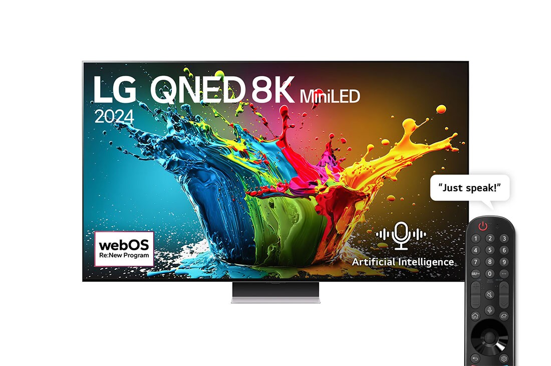 LG 86 Inch LG QNED MiniLED QNED99 8K Smart TV AI Magic remote HDR10 webOS24 2024, Front view of LG QNED TV, QNED99 with text of LG QNED 8K MiniLED, 2024, Artifical Intelligence and webOS Re:New Program logo on screen with Magic Remote, 86QNED99T6B