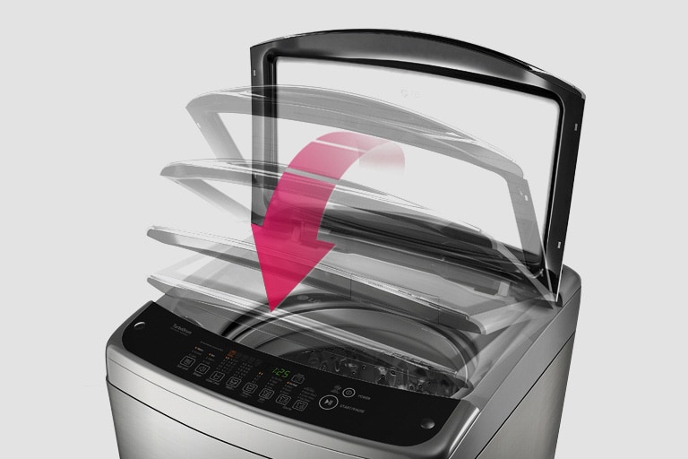 An image of the top of the Top Loading Washer is shown with a pink arrow pointing from the open lid on the top down with lighter and lighter lids shown as if the lid is closing.