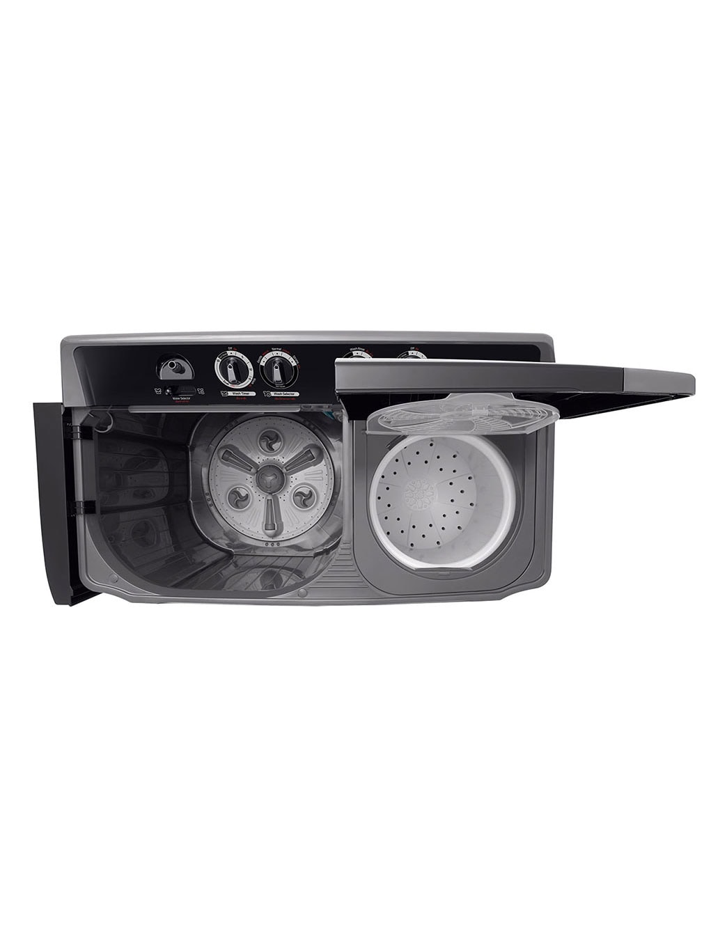 LG Twin Tub Washing Machine 7KG Wind Jet Dry, Roller Jet, 3 Wash Programs, Black Color, top view door open, P861RONT