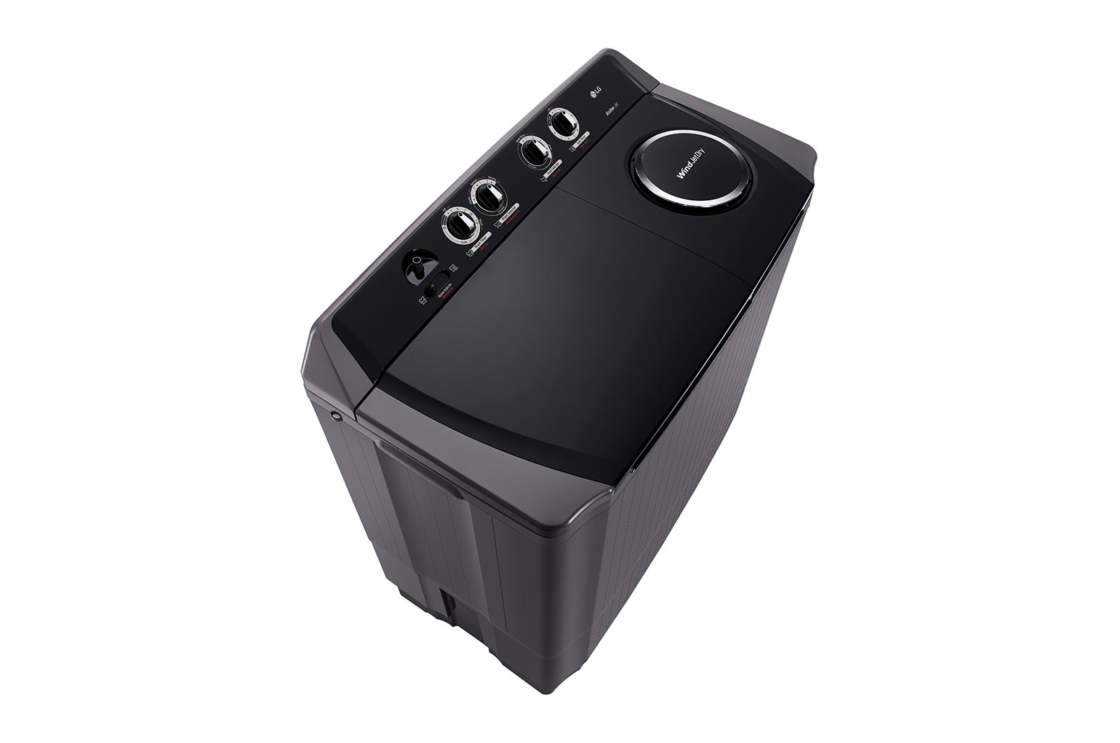 LG Twin Tub Washing Machine 15KG Wind Jet Dry, Roller Jet, 3 Wash Programs, Black Color, left perspective view, P1561RWNT