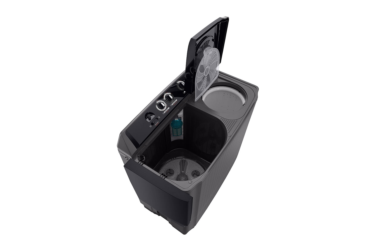 LG Twin Tub Washing Machine 15KG Wind Jet Dry, Roller Jet, 3 Wash Programs, Black Color, left perspective door open view, P1561RWNT