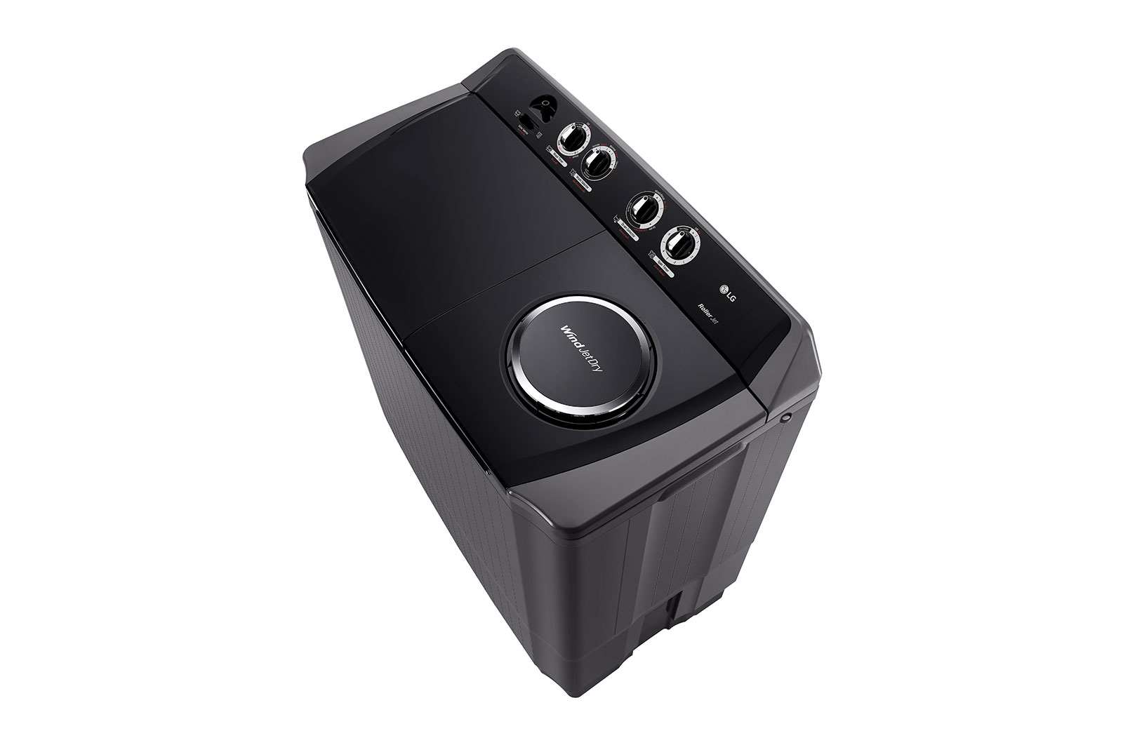 LG Twin Tub Washing Machine 15KG Wind Jet Dry, Roller Jet, 3 Wash Programs, Black Color, Right perspective view, P1561RWNT