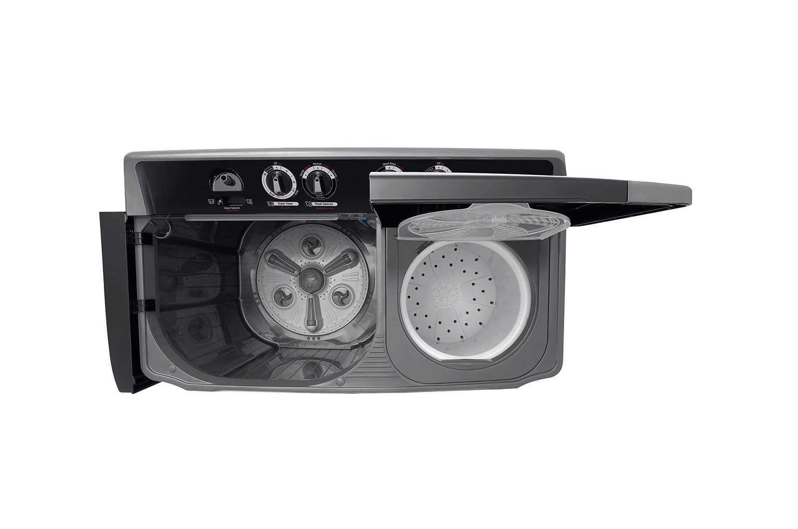 LG Twin Tub Washing Machine 15KG Wind Jet Dry, Roller Jet, 3 Wash Programs, Black Color, Top door open view, P1561RWNT