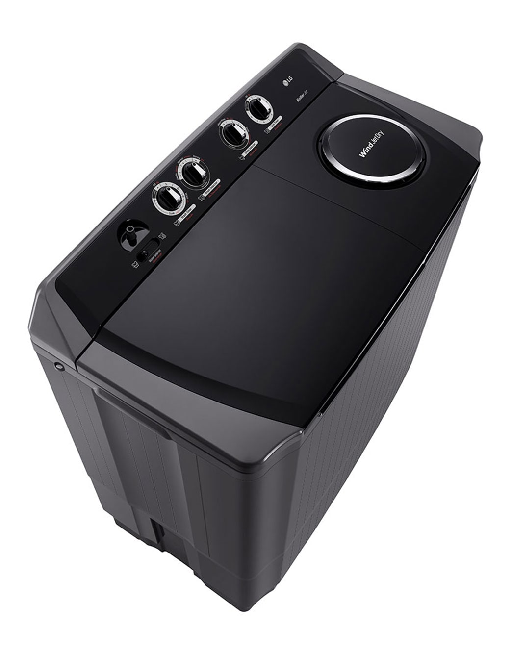 LG Twin Tub Washing Machine 15KG Wind Jet Dry, Roller Jet, 3 Wash Programs, Black Color, left perspective view, P1561RWNT