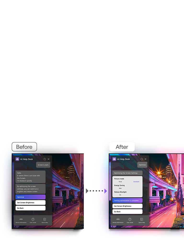 Des images « Avant » et « Après » d’un téléviseur LG sont affichées côte à côte. L’écran « Avant » présente une image sombre avec une fenêtre contextuelle pour le service d’assistance de l’IA. L’utilisateur écrit dans le chat : « L’écran est sombre ». La réponse est la suivante : « Bonjour, il semble qu’il y ait un problème avec l’écran. Je résoudrai le problème rapidement. En optimisant les paramètres de l’écran, vous pouvez regarder sur un écran plus lumineux et plus clair ». L’utilisateur clique sur le bouton Optimiser . L’écran « Après » montre une image plus claire et plus lumineuse. La fenêtre contextuelle du service d’assistance AI indique : « Optimisation des paramètres de l’écran ». Mode d’image = vif. Économies d’énergie = max. Réduire la lumière bleue = activé. Optimisation des paramètres terminée. »