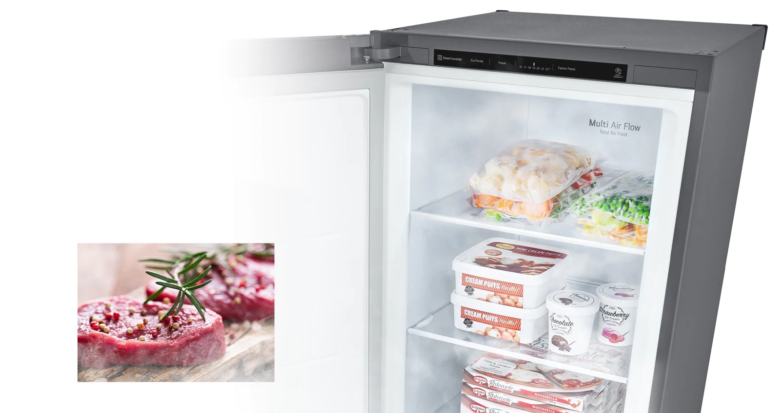 Une image présente un congélateur ouvert rempli de produits et de l’air froid qui est soufflé. La seconde image présente de la viande crue décongelée prête à être cuite.