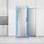 The front view of the freezer is shown in a kitchen. A blue 3D square and arrows pointing inward toward the door show how the freezer fits perfectly in a standard kitchen.