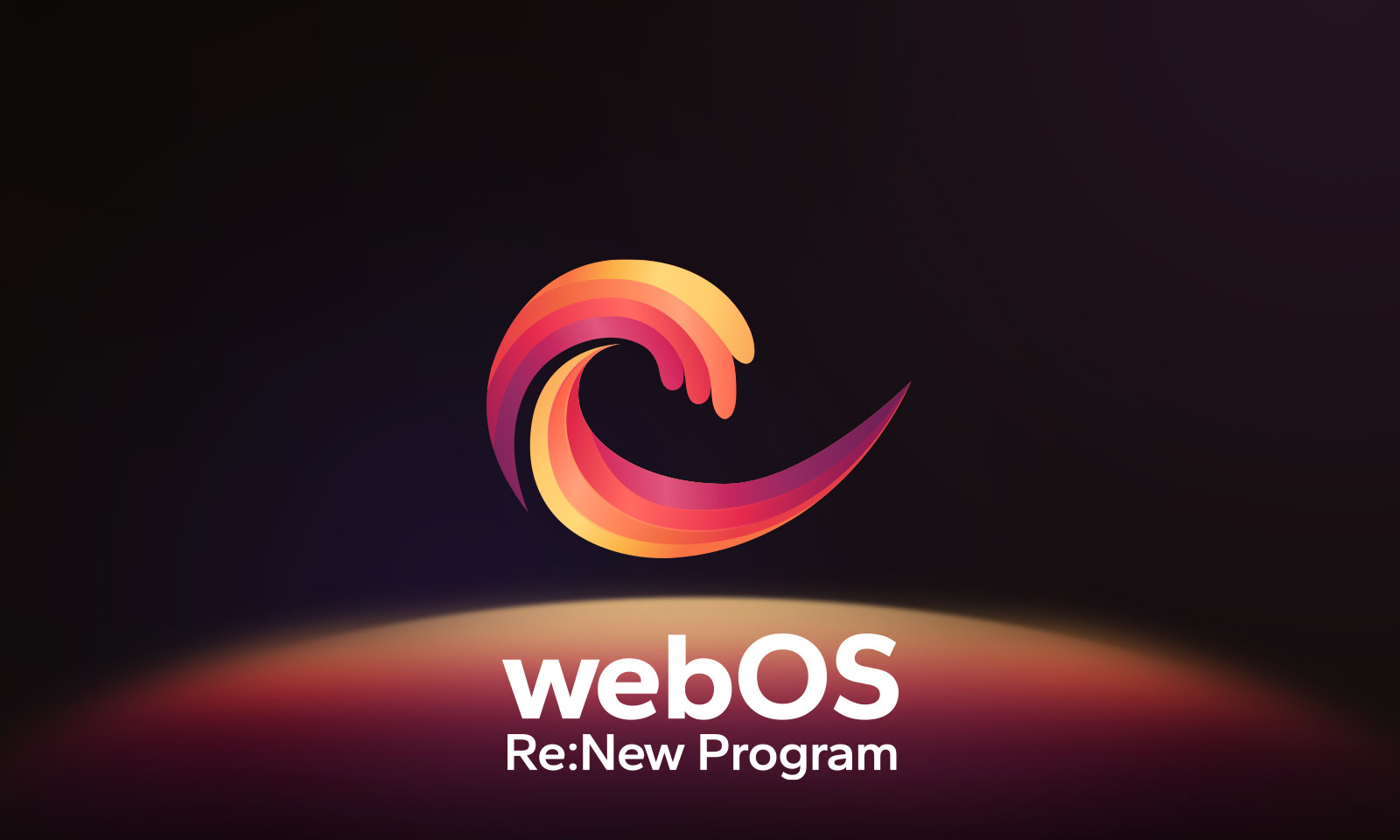 Le logo webOS flotte au centre sur un fond noir, et l’espace en dessous est éclairé aux couleurs rouge, orange et jaune du logo. On peut lire « webOS Re:New Program » sous le logo.