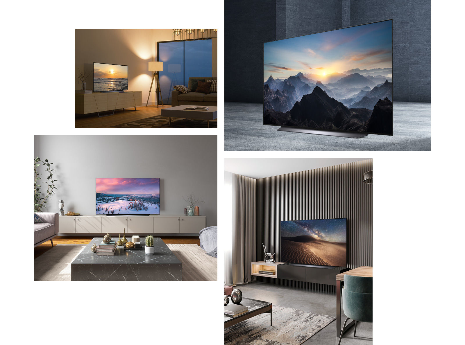 Une scène nocturne de LG OLED CS sur une armoire dans une pièce à l’éclairage chaleureux. Une vue de côté du LG OLED CS dans un espace tout gris avec une image de montagnes à l’écran. Un LG OLED CS dans un salon aux teintes brunes décoré avec élégance. Un LG OLED CS dans une pièce lumineuse et spacieuse avec des cactus, des plantes et des décorations.