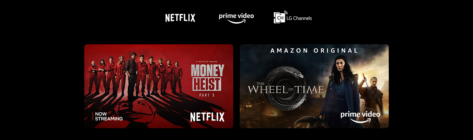 Affiche de Money Heist sur Netflix, Le Livre de Boba Fett sur Disney Plus, La Roue du temps sur Prime Video et See sur Apple TV Plus.