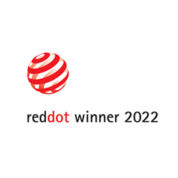 赤いドットデザインのロゴ。