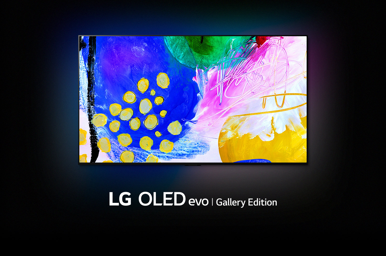 LG OLED G2 در یک اتاق تاریک با یک اثر هنری انتزاعی رنگارنگ بر روی صفحه نمایش خود و کلمات 