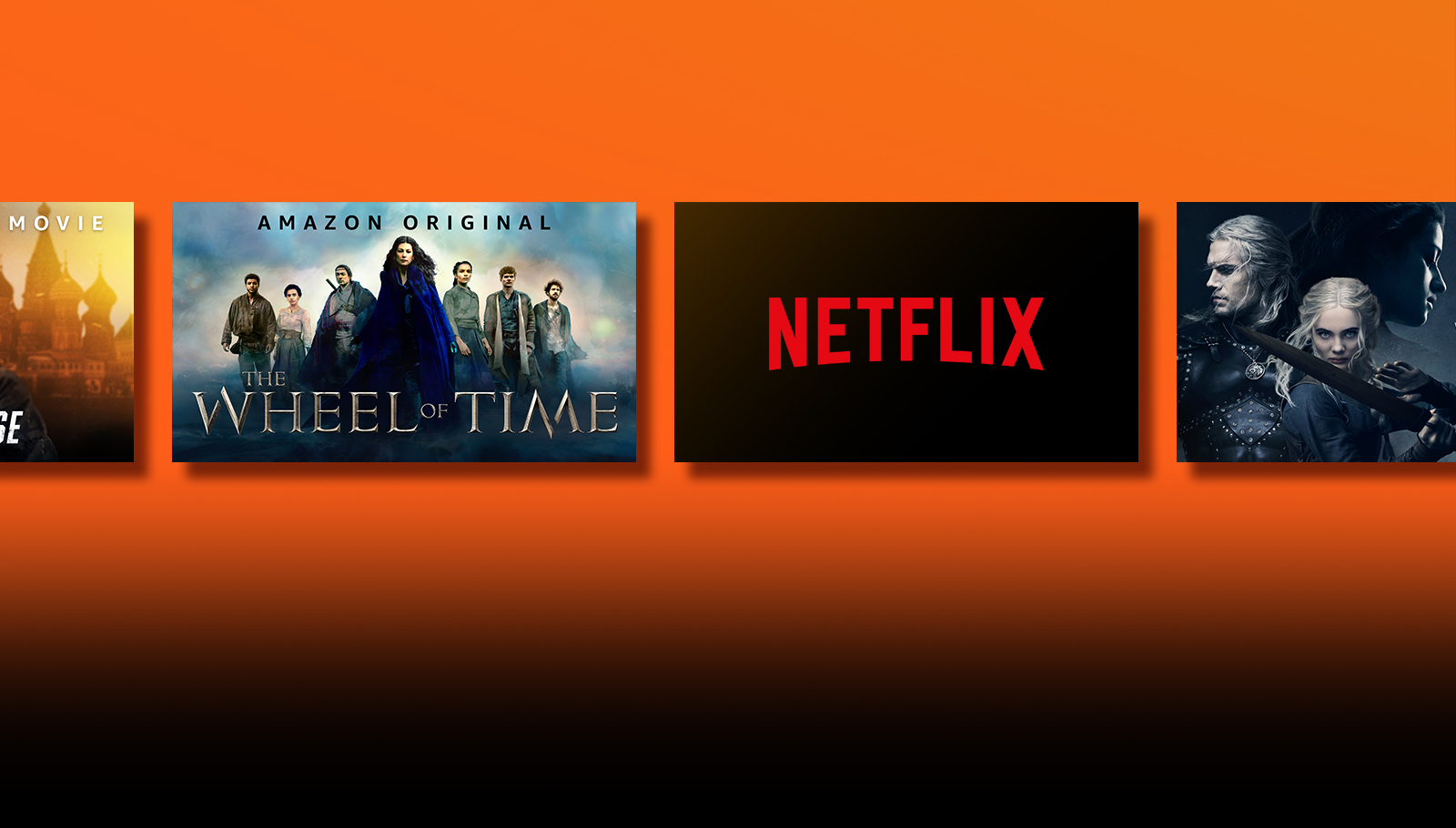 Les logos de plateformes de service de streaming et les séquences correspondantes se trouvent juste à côté de chaque logo. Logo de Netflix et Money Heist et The Witcher Logo de Prime Video et Sans aucun remords et La roue du temps. Logo Livenow et image teaser de Mamamoo et image teaser de OneUs. Logo Apple TV plus et Foundation et Finch. 