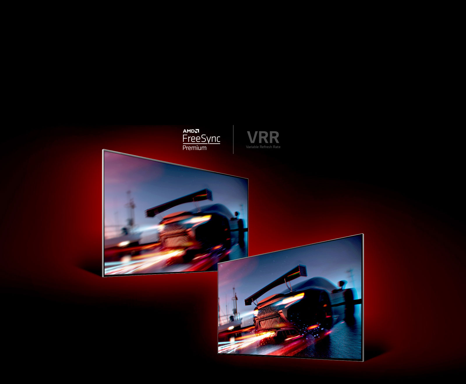 2つのテレビが顔を合わせています。左側には、テレビは右側にある間にかなりぼやけているように見える高速レーシングカーを投影しています。