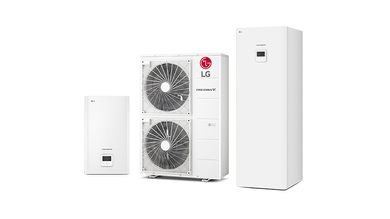 Gamme d’unités LG THERMA V Hydrosplit. La Hydro box et le réservoir d’eau intégré sont côtés gauche et droit et l’unité extérieure est au centre.