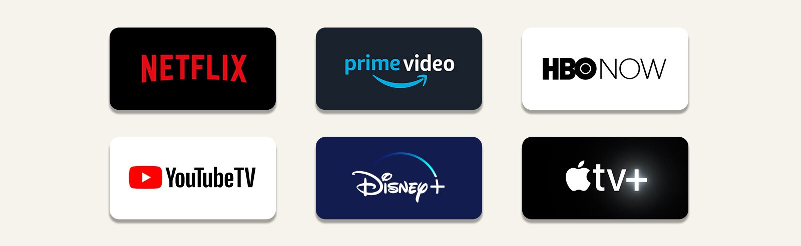 Les icônes des services de streaming OTT sont placées à la suite. Depuis en haut à gauche : Netflix, Amazon Prime Video, HBO NOW, YouTubeTV, Disney+. Et Apple TV+.