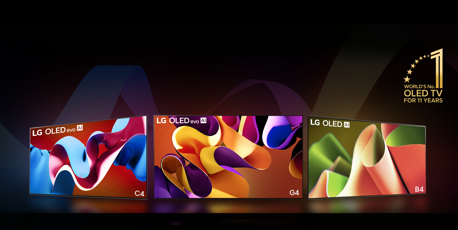 PC: LG OLED evo G4, LG OLED evo C4 et LG OLED B4 côte à côte, chacun affichant à l’écran une œuvre d’art abstraite de couleur différente. La lumière est projetée de chaque téléviseur vers le sol en contrebas. Un emblème doré représentant le numéro 1 mondial des téléviseurs OLED depuis 11 ans se trouve dans le coin supérieur droit.  MO: LG OLED evo G4, LG OLED evo C4 et LG OLED B4 côte à côte, chacun affichant à l’écran une œuvre d’art abstraite de couleur différente. La lumière est projetée de chaque téléviseur vers le sol en contrebas. Un emblème doré représentant le numéro 1 mondial des téléviseurs OLED depuis 11 ans se trouve dans le coin supérieur droit.