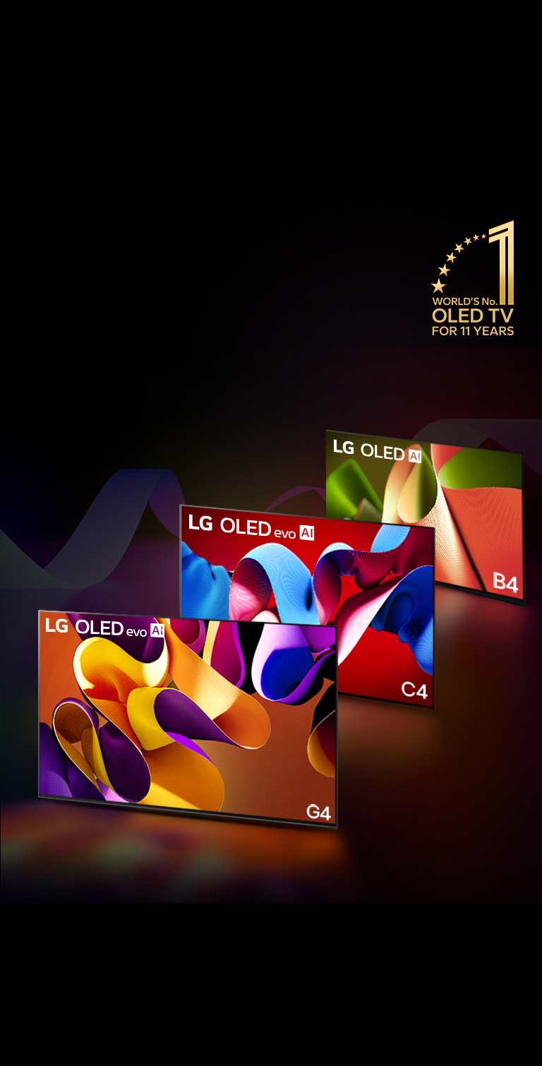 PC: LG OLED evo G4, LG OLED evo C4 et LG OLED B4 côte à côte, chacun affichant à l’écran une œuvre d’art abstraite de couleur différente. La lumière est projetée de chaque téléviseur vers le sol en contrebas. Un emblème doré représentant le numéro 1 mondial des téléviseurs OLED depuis 11 ans se trouve dans le coin supérieur droit.  MO: LG OLED evo G4, LG OLED evo C4 et LG OLED B4 côte à côte, chacun affichant à l’écran une œuvre d’art abstraite de couleur différente. La lumière est projetée de chaque téléviseur vers le sol en contrebas. Un emblème doré représentant le numéro 1 mondial des téléviseurs OLED depuis 11 ans se trouve dans le coin supérieur droit.