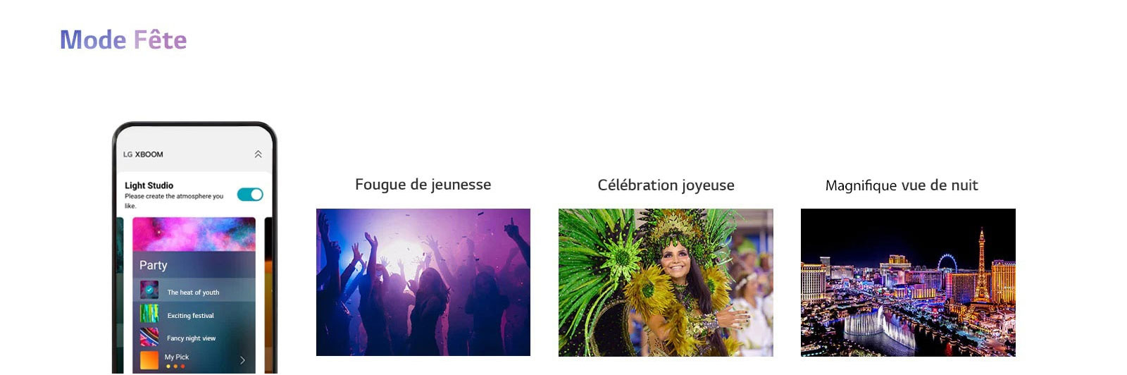 Image d’un téléphone portable avec l’écran APP allumé en mode Fête. Images des silhouettes de personnes dansant dans des clubs. Image d’une femme portant des vêtements de soirée de couleur. Vue nocturne d’une ville aux couleurs fluorescentes.