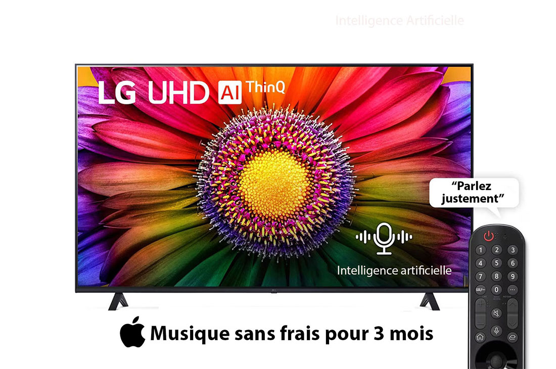 LG, téléviseur UHD 4K, série UR80 de 75 pouces, WebOS Smart AI ThinQ, Télécommande magic, Image Pro AI, Son Pro AI (canal 5.1.2), 2023 Nouveau, 75UR80006LJ