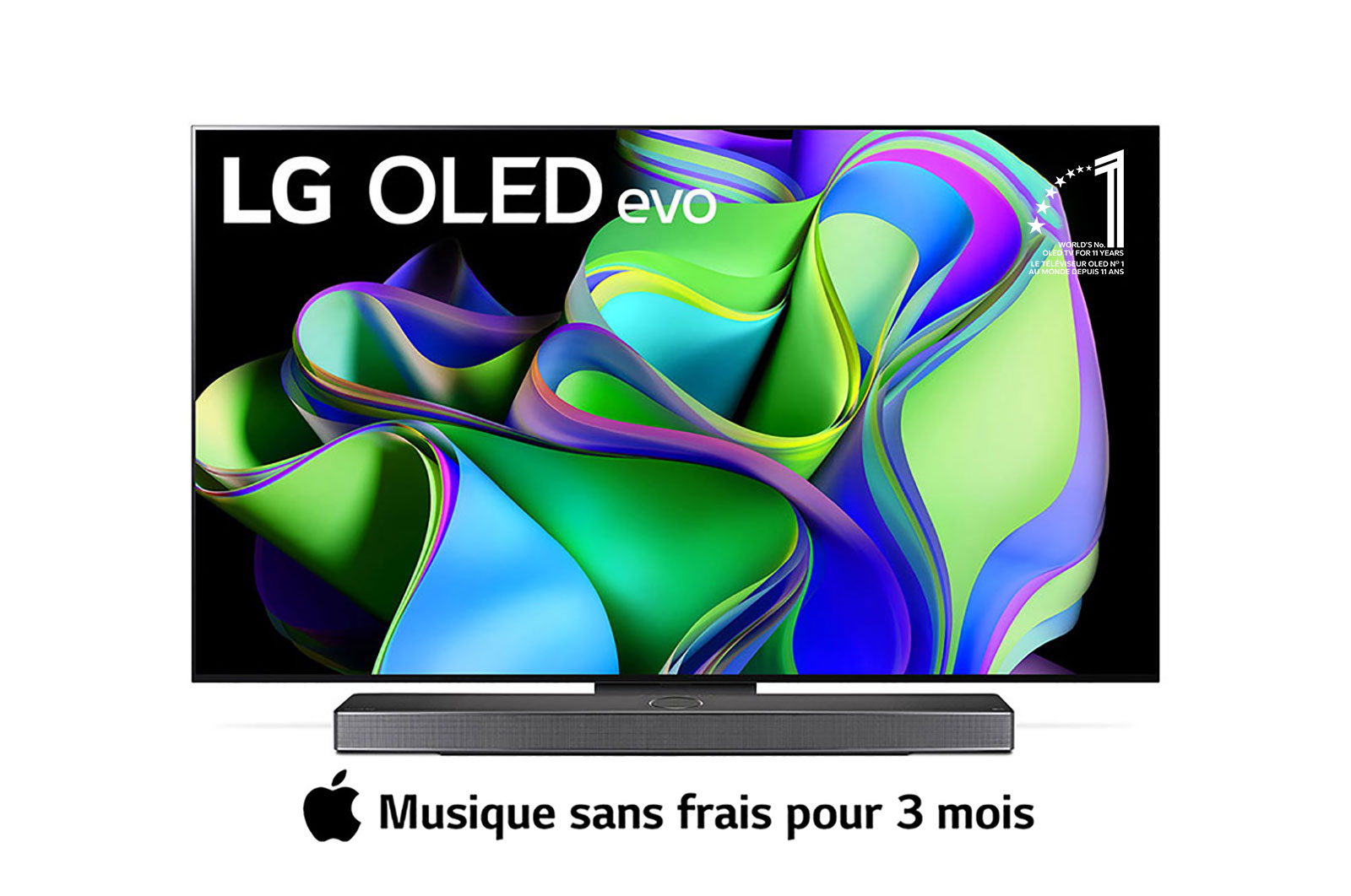 LG Smart TV 2023 LG OLED evo C3 4K 65 pouces, Vue avant du LG OLED evo avec l’emblème « 10 Years World No.1 OLED » à l’écran, et de la barre de son située en dessous. , OLED65C36LA