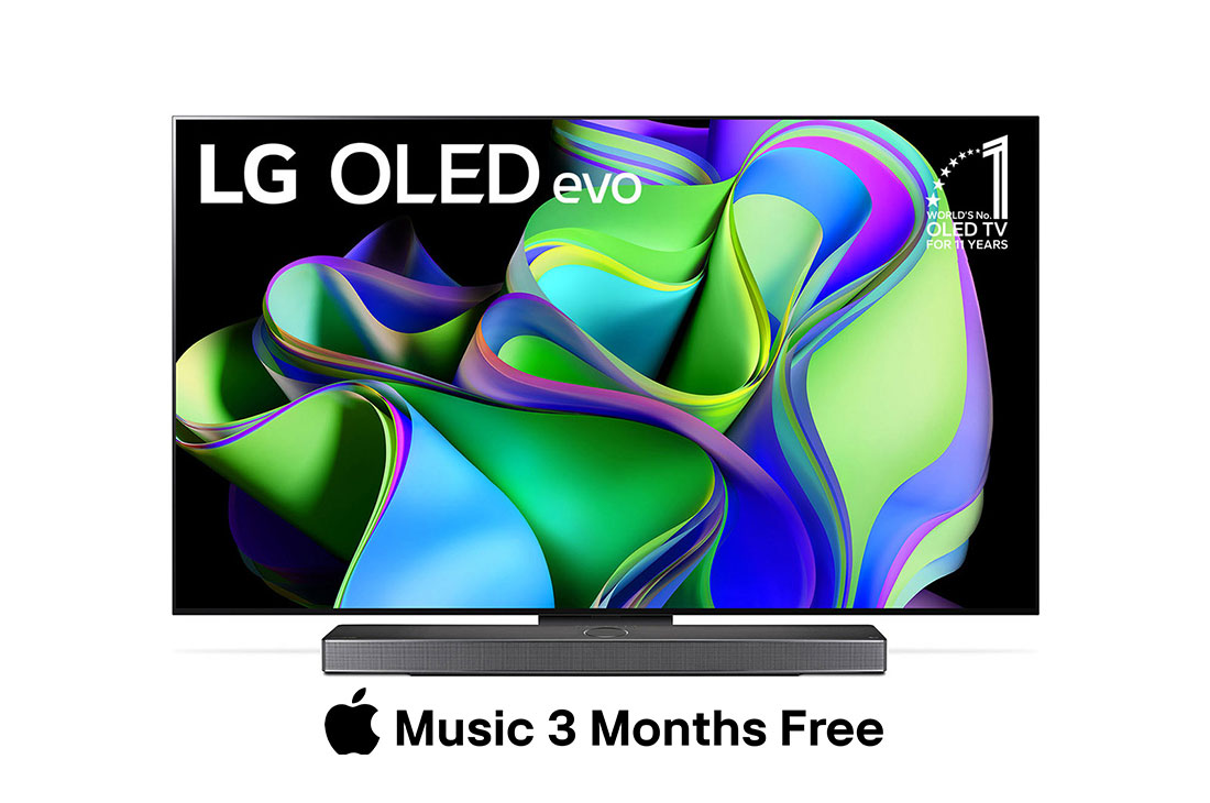 LG Smart TV 2023 LG OLED evo C3 4K 77 pouces, Vue avant du LG OLED evo avec l’emblème « 11 Years World No.1 OLED » à l’écran, et de la barre de son située en dessous. , OLED77C36LA