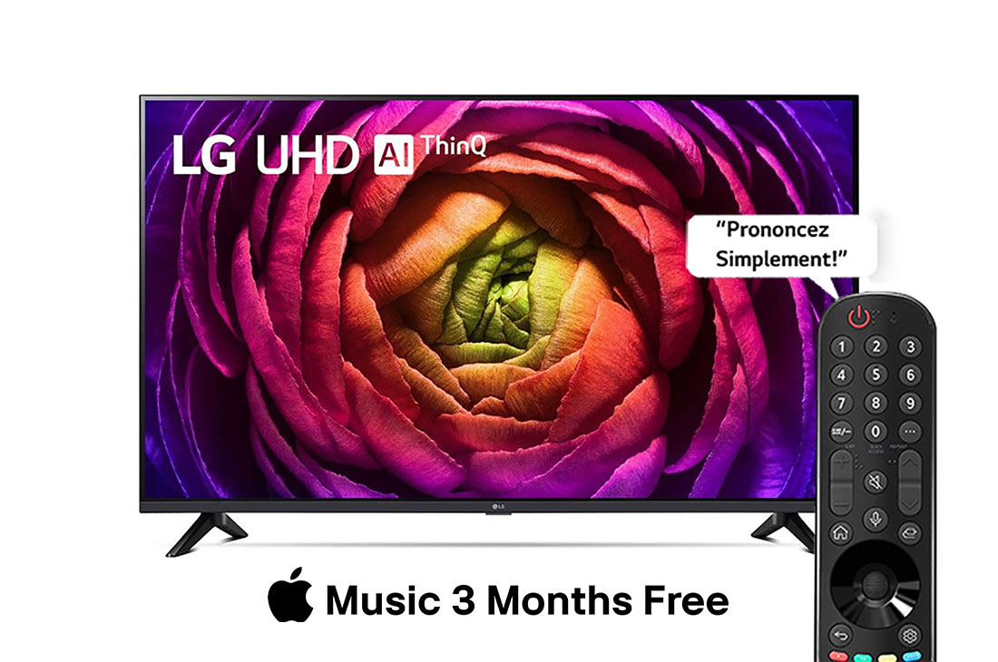 LG UHD UR73 43'' 4K Smart TV 2023, Vue de face du téléviseur LG UHD avec télécommande, 43UR73006LA