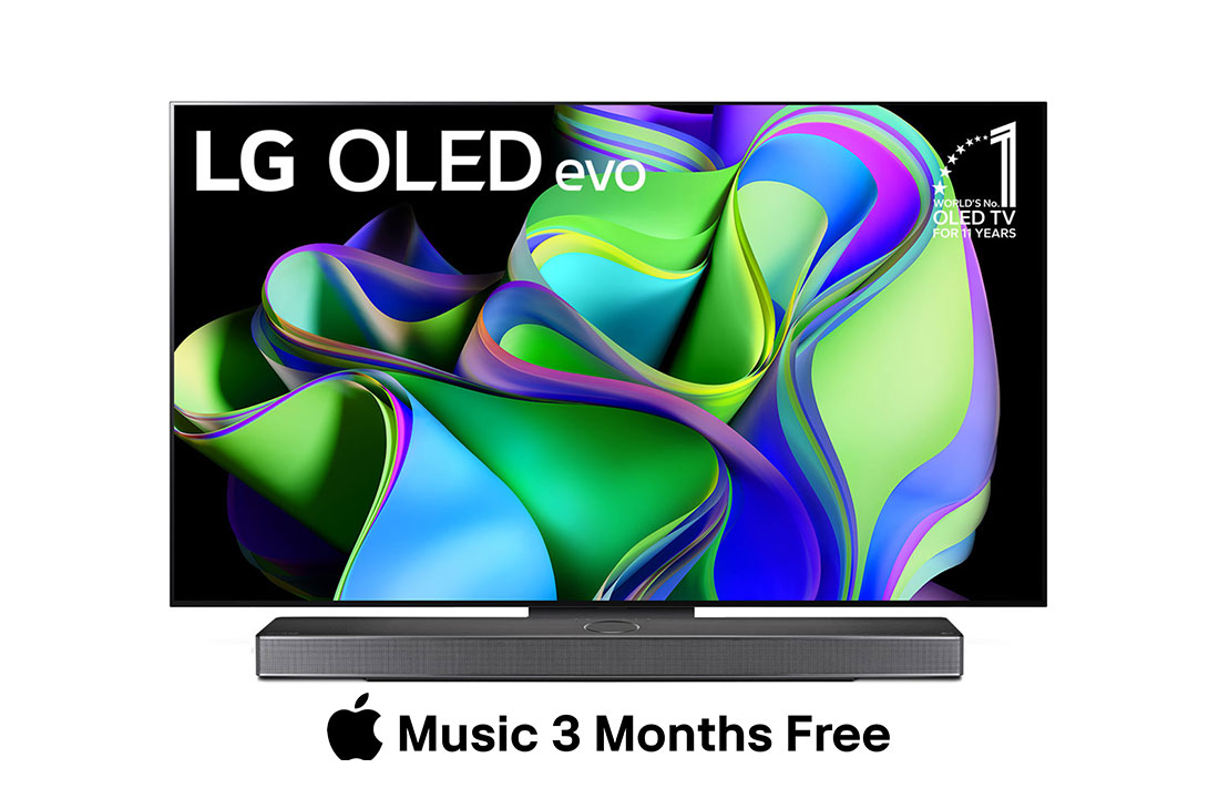 LG Smart TV 2023 LG OLED evo C3 4K 55 pouces, Vue avant du LG OLED evo avec l’emblème « 11 Years World No.1 OLED » à l’écran, et de la barre de son située en dessous. , OLED55C36LA