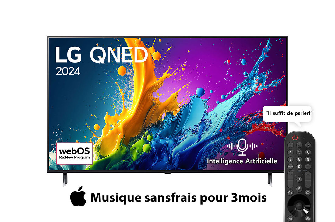 LG Smart TV  LG QNED QNED80 4K, 86 pouces, Télécommande Magique IA HDR10 webOS24 2024, Vue avant d’un téléviseur LG QNED, QNED80 avec le texte LG QNED, 2024 et le logo webOS Re:New Program à l’écran, 86QNED80T6B