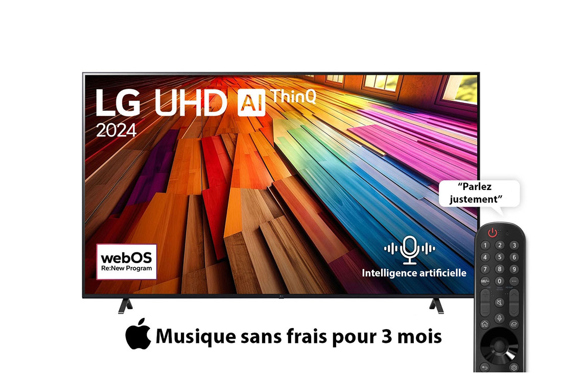 LG Smart TV  LG UHD UT80 4K, 86 pouces, Télécommande Magique IA HDR10 webOS24 2024, Vue avant d’un téléviseur LG UHD, UT80 avec le texte LG UHD AI ThinQ, 2024 et le logo webOS Re:New Program à l’écran, 86UT80006LA