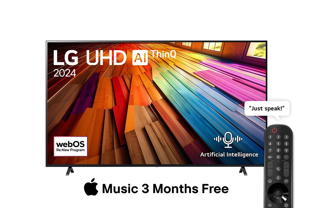 LG Smart TV  LG UHD UT80 4K, 86 pouces, Télécommande Magique IA HDR10 webOS24 2024, Vue avant d’un téléviseur LG UHD, UT80 avec le texte LG UHD AI ThinQ, 2024 et le logo webOS Re:New Program à l’écran, 86UT80006LA