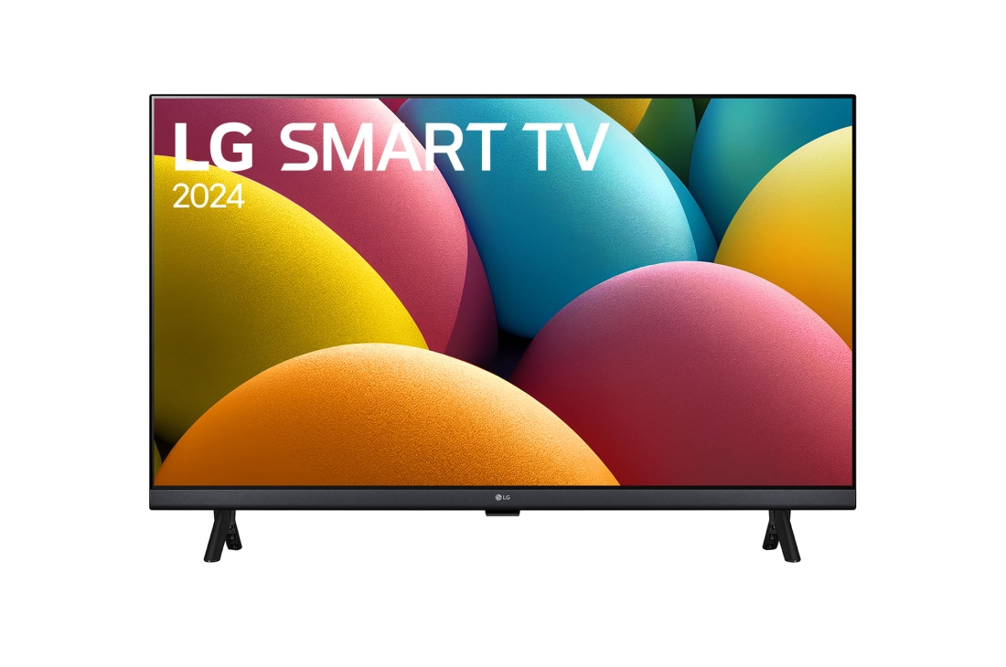 LG Smart TV LG HD LR60 2024, 43 pouces, Vue avant du téléviseur LG HD, LR60 avec le texte de LG SMART TV et 2024 sur l’écran avec un support à 2 pôles, 43LR60006LA