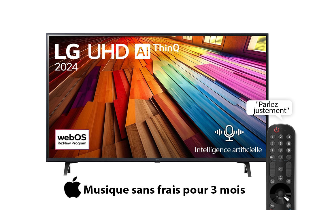 LG Smart TV  LG UHD UT80 4K, 43 pouces, Télécommande Magique IA HDR10 webOS24 2024, Vue avant d’un téléviseur LG UHD, UT80 avec le texte LG UHD AI ThinQ, 2024 et le logo webOS Re:New Program à l’écran, 43UT80006LA