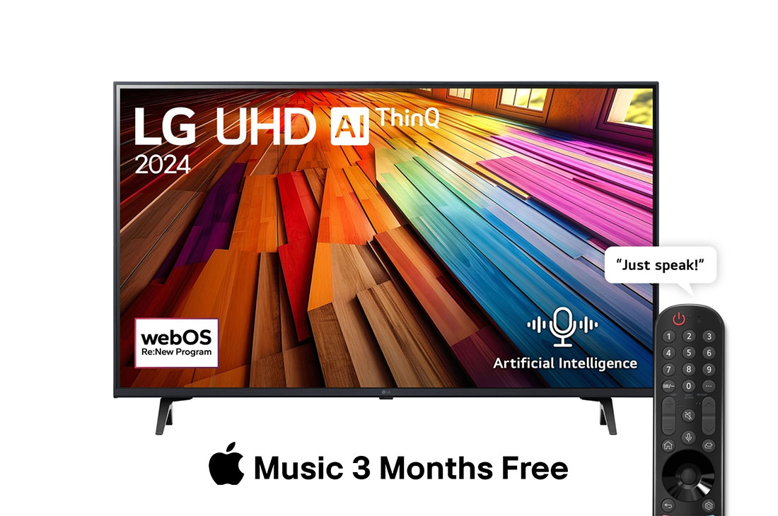 LG Smart TV  LG UHD UT80 4K, 43 pouces, Télécommande Magique IA HDR10 webOS24 2024, Vue avant d’un téléviseur LG UHD, UT80 avec le texte LG UHD AI ThinQ, 2024 et le logo webOS Re:New Program à l’écran, 43UT80006LA