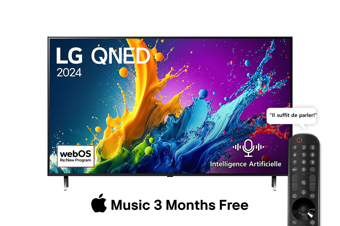 LG Smart TV  LG QNED QNED80 4K, 55 pouces, Télécommande Magique IA HDR10 webOS24 2024, Vue avant d’un téléviseur LG QNED, QNED80 avec le texte LG QNED, 2024 et le logo webOS Re:New Program à l’écran, 55QNED80T6B
