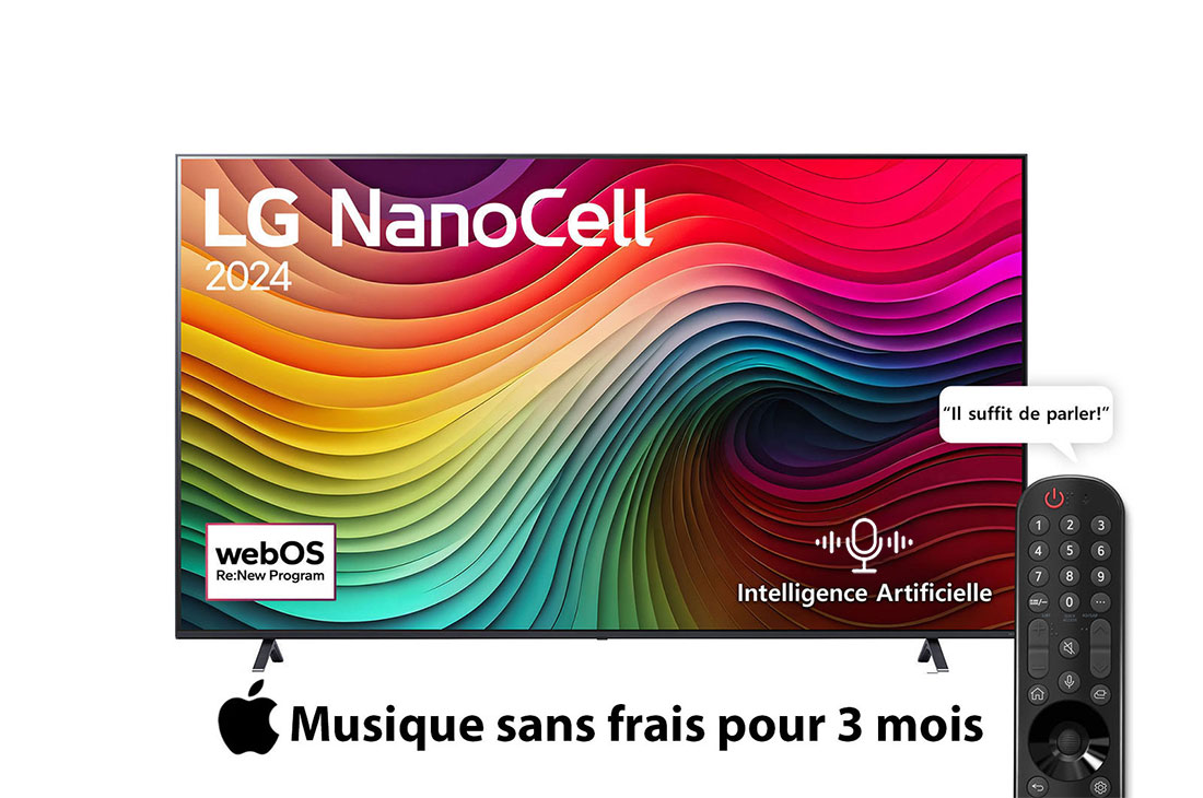 LG Smart TV  LG NanoCell NANO80 4K, 86 pouces, Télécommande Magique IA HDR10 webOS24 2024, Vue avant d’un téléviseur LG NanoCell, NANO80 avec le texte LG NanoCell, 2024 et le logo webOS Re:New Program à l’écran, 86NANO80T6A