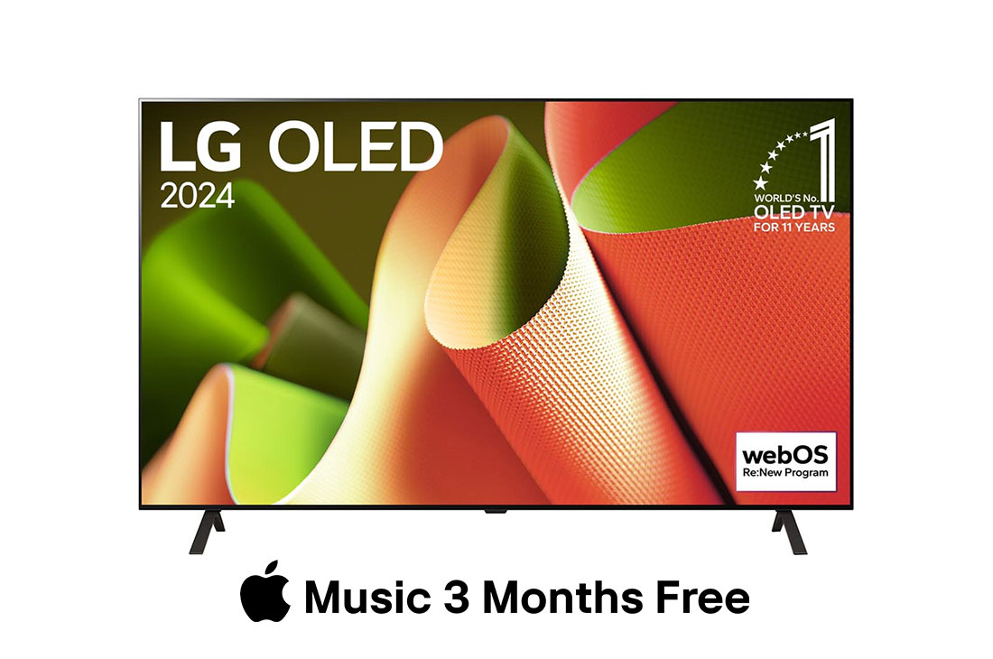 LG Smart TV LG OLED evo B4 4K OLED55B4, 55 pouces, Vue de face avec LG OLED TV, OLED B4, emblème « 11 Years of world number 1 OLED » (TV OLED numéro 1 mondial depuis 11 ans) et logo du programme webOS:New à l’écran avec support à deux pôles, OLED55B46LA