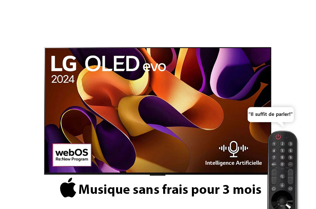 LG Smart TV  LG OLED evo G4 4K, 83 pouces, Télécommande Magique IA Dolby Vision webOS24 2024, Vue de face avec LG OLED evo TV, OLED G4, emblème « 11 Years of world number 1 OLED » (TV OLED numéro 1 mondial depuis 11 ans) et logo de la garantie de 5 ans sur l'écran., OLED83G46LA