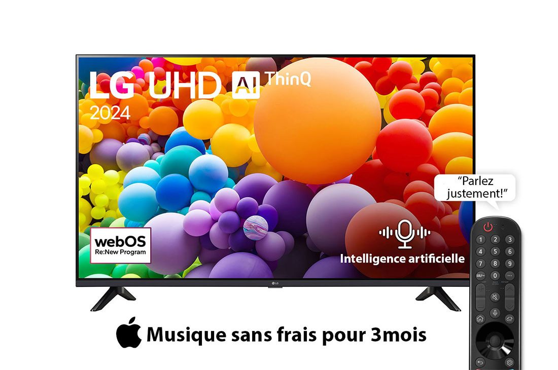 LG Smart TV LG UHD UT73 4K 65 pouces 2024, Vue avant d’un téléviseur LG UHD, UT73 avec le texte LG UHD AI ThinQ, 2024 et le logo webOS Re:New Program à l’écran, 65UT73006LA