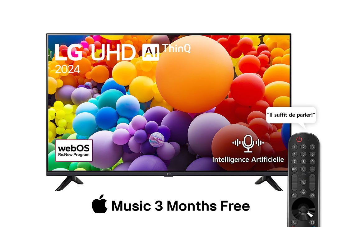 LG Smart TV LG UHD UT73 4K 65 pouces 2024, Vue avant d’un téléviseur LG UHD, UT73 avec le texte LG UHD AI ThinQ, 2024 et le logo webOS Re:New Program à l’écran, 65UT73006LA